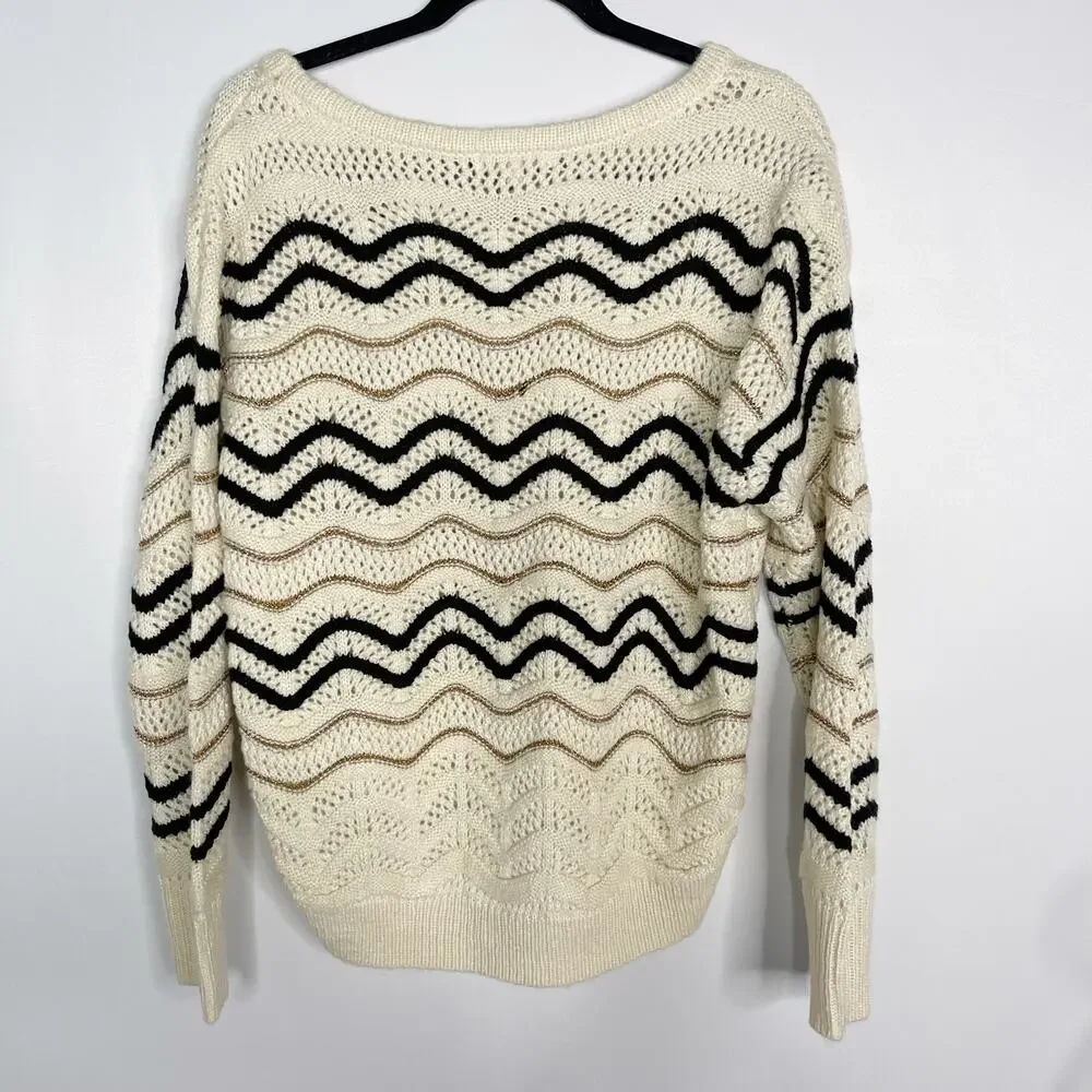 New Skies Are Blue Medium M Cream Black Gold Chevron Striped Open Knit Sweater